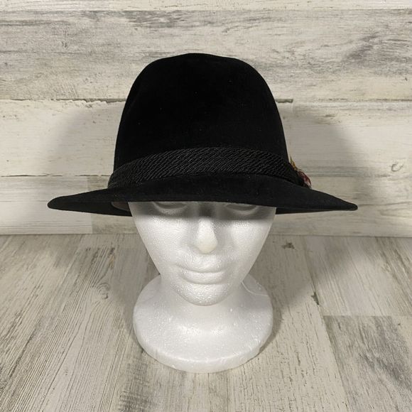 Vintage Dobbs 5th Ave Black Fedora Size 6 7/8 Black Band Red Feather Classic EUC - Picture 2 of 8